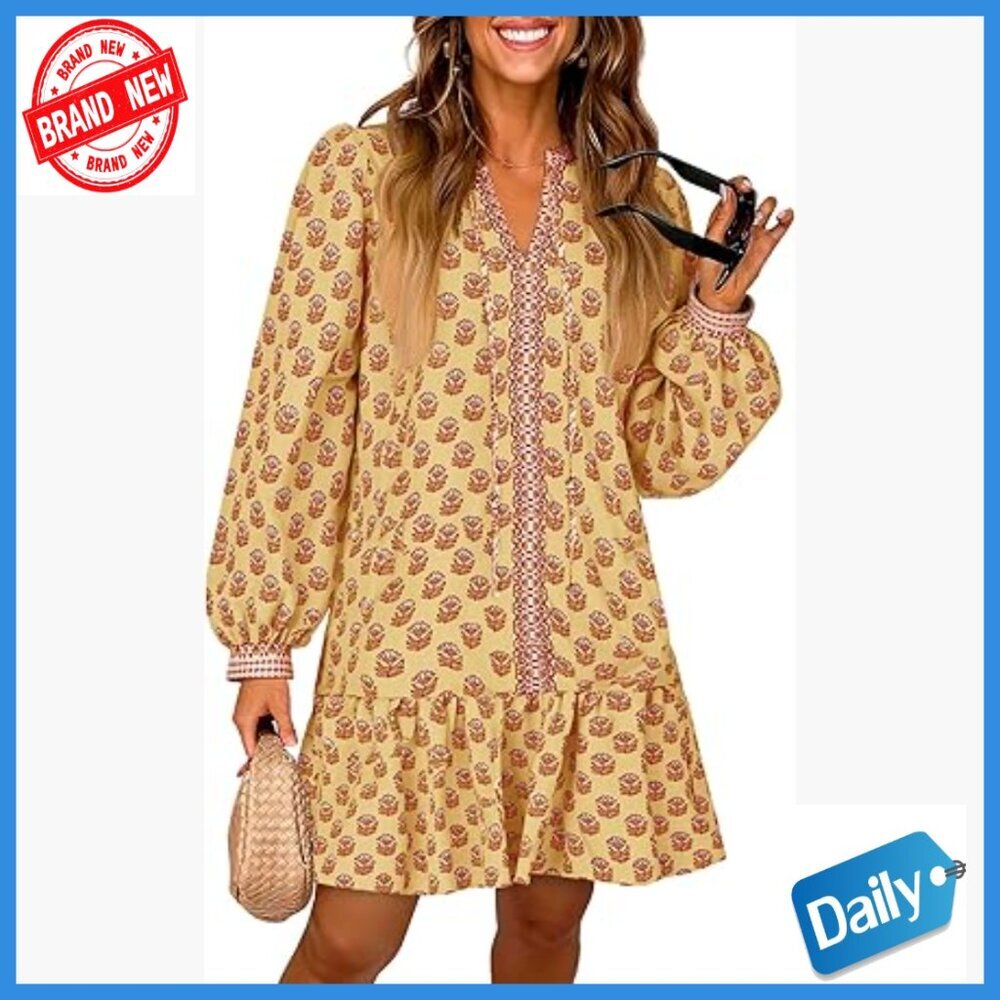 Long Sleeve Mini Dress with Pockets Floral V Neck Loose Fit Boho - Picture 1 of 7
